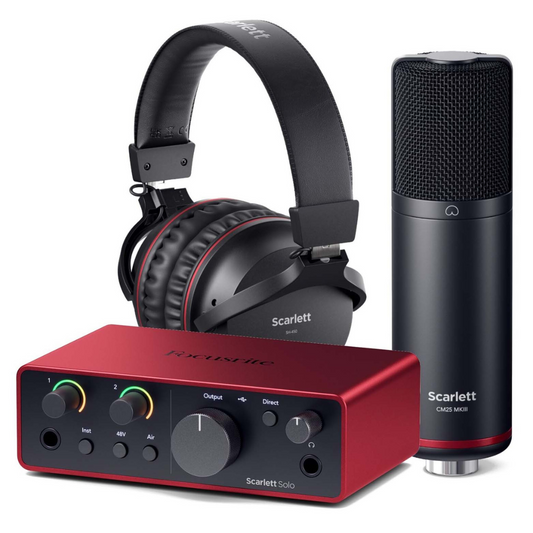 SCARLETTSOLOSTUDIO Interfaz de audio USB, 2in / 2 out + microfono CM25 + audifonos SH450